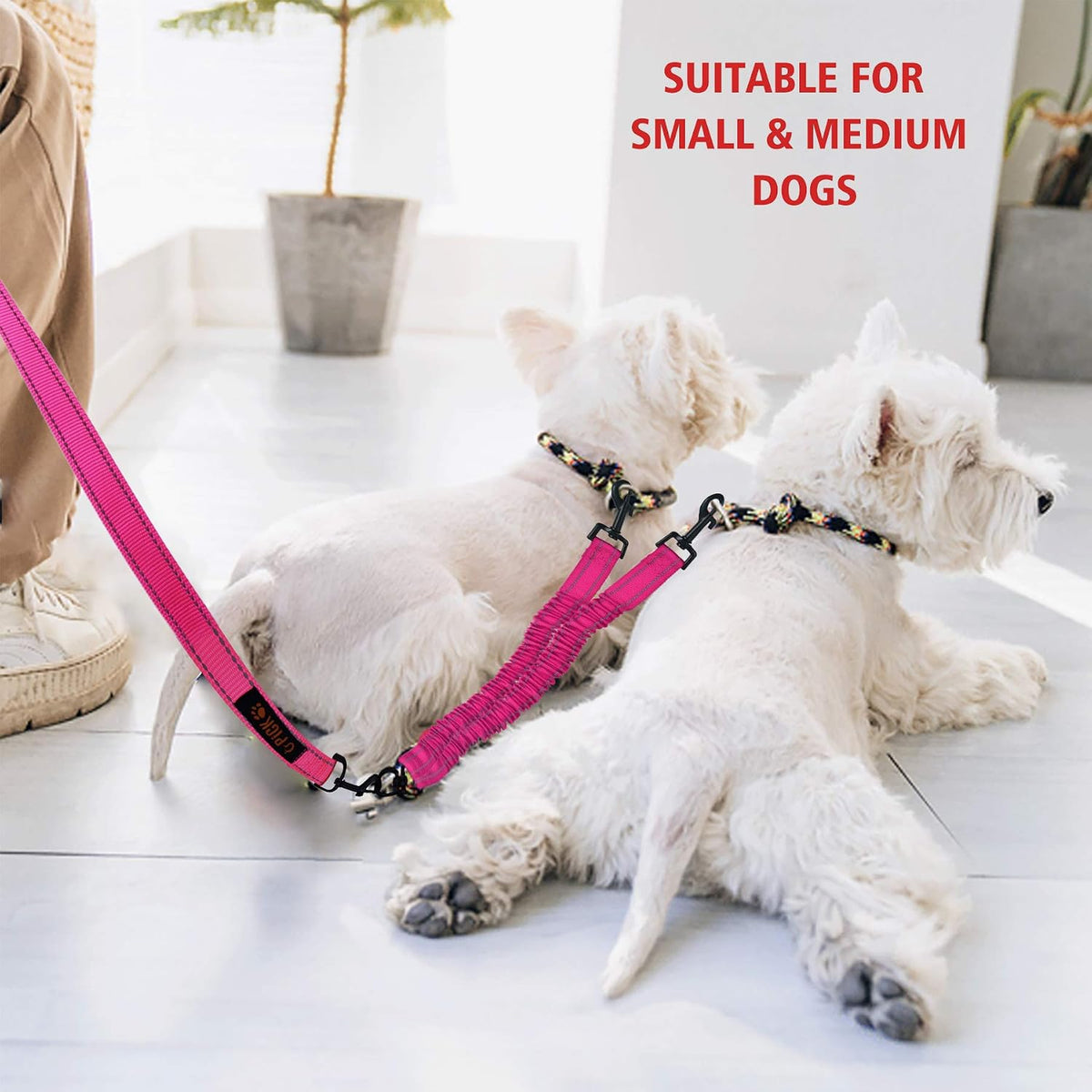 Dual Dog Leash,Double Dog Leash,Shock Absorbing Reflective Bungee for Two Dogs,Medium (6-35 Lbs)| Large (25-150 Lbs),360 Swivel No Tangle Walking Leash with Waste Bag Dispenser& Clicker