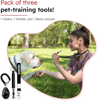 Pet Training Clicker, Whistle -Training Behaviour Aids Accessories for Puppies with Lanyard - Barking Control Device - Long Range Adjustable Frequency - Pack of 3 - Black