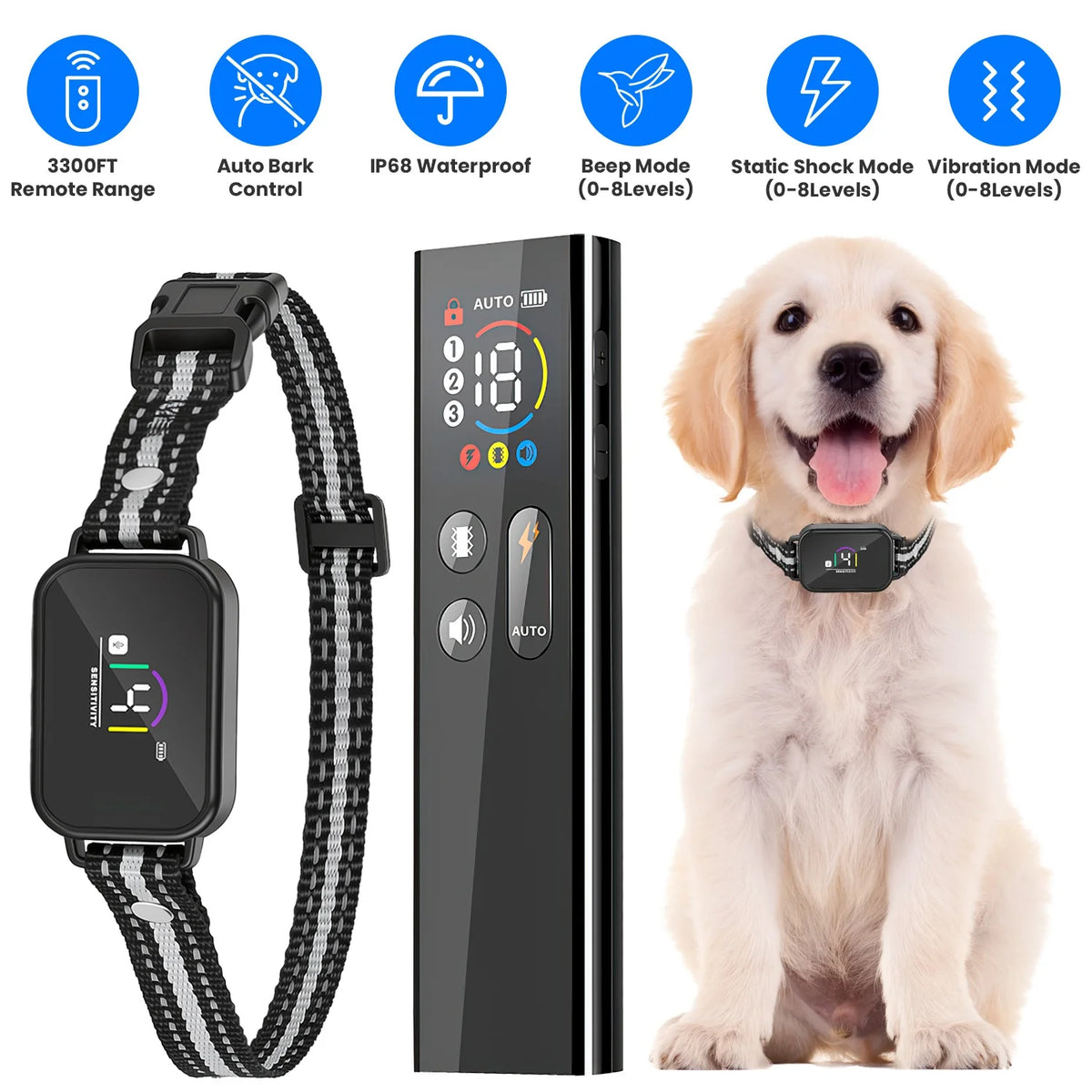 1Pc 2 in 1 Dog Shock and Bark Collar Dog Training Collar with Remote Rechargeable IP68 Waterproof with 3 Channels for Medium and Small Dogs