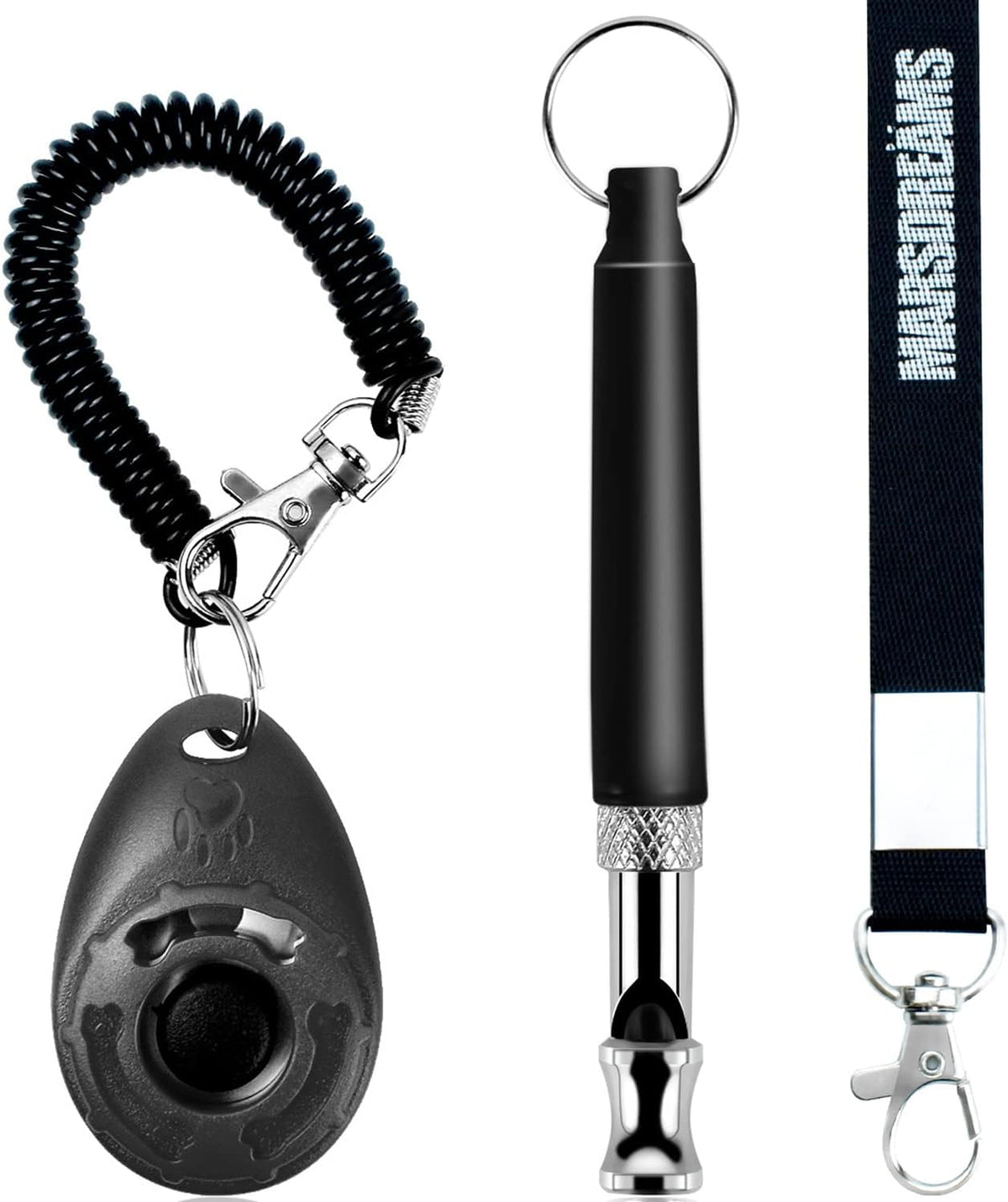 Pet Training Clicker, Whistle -Training Behaviour Aids Accessories for Puppies with Lanyard - Barking Control Device - Long Range Adjustable Frequency - Pack of 3 - Black