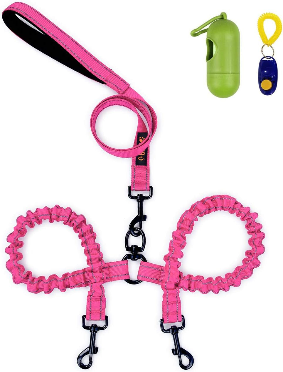 Dual Dog Leash,Double Dog Leash,Shock Absorbing Reflective Bungee for Two Dogs,Medium (6-35 Lbs)| Large (25-150 Lbs),360 Swivel No Tangle Walking Leash with Waste Bag Dispenser& Clicker