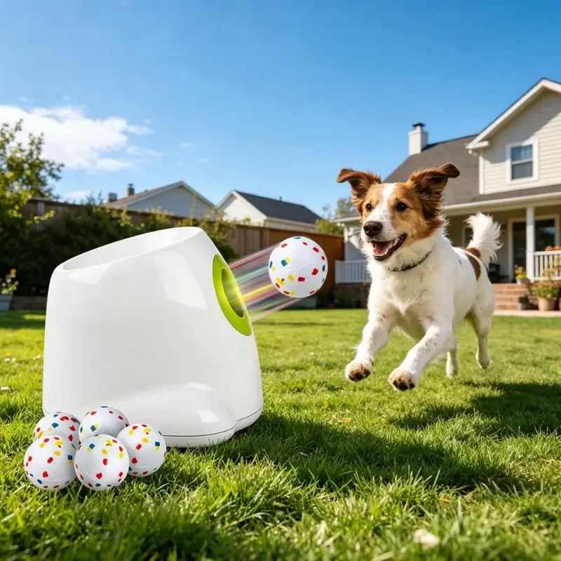 Allforpaws Maxi Rechargeable Battery Dog Ball Launcher - Automatic Interactive Training & Mental Stimulation Companion Toy, Outdoor Backyard Fun, 2.5-In ETPU Balls (6 Pack), Adjustable 3-Distance Throw Settings, 6.3 Lbs Pet Supply