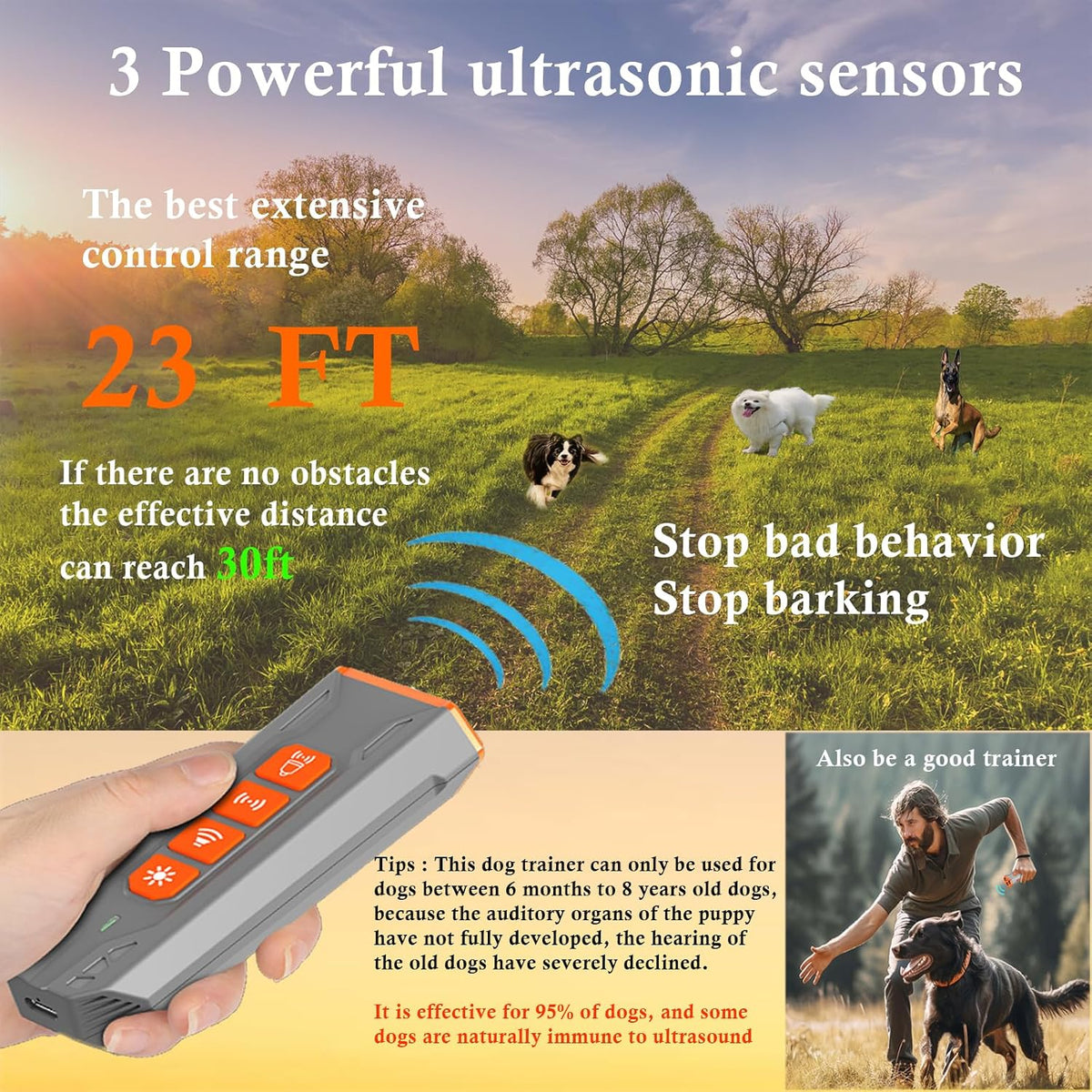 Upgrade Ultrasonic Dog Bark Deterrent Device, anti Barking Device for Dogs, Ultrasonic Dog Repeller Barking Silencer, Portable 3 Sonic Emitters 4 Mode Dog Trainer Stop Barking Device Indoor & Outdoor