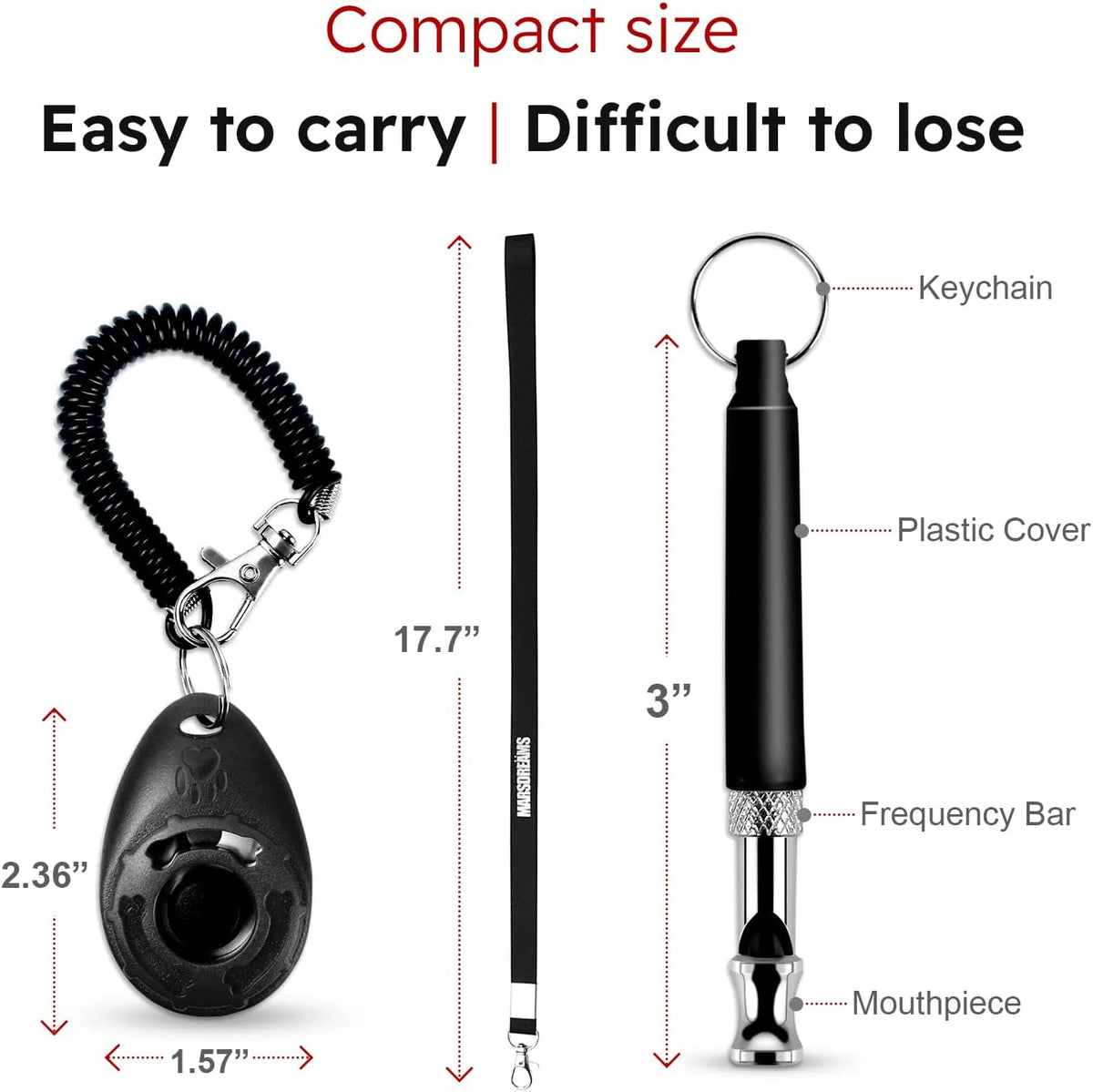 Pet Training Clicker, Whistle -Training Behaviour Aids Accessories for Puppies with Lanyard - Barking Control Device - Long Range Adjustable Frequency - Pack of 3 - Black