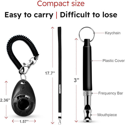 Pet Training Clicker, Whistle -Training Behaviour Aids Accessories for Puppies with Lanyard - Barking Control Device - Long Range Adjustable Frequency - Pack of 3 - Black