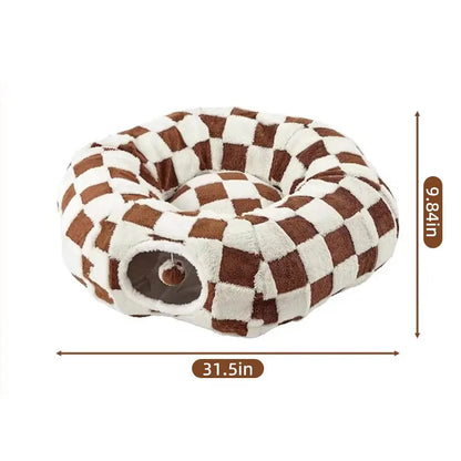 Plaid 2-In-1 Tunnel Bed for Cats - Detachable Donut Design, Hidden Play Space, Washable Circle Cushion, Studded Grip Base, Interactive Toy Balls, High-Quality Materials, Cozy Retreat for Indoor Kittens/Cats up to 15 Lbs