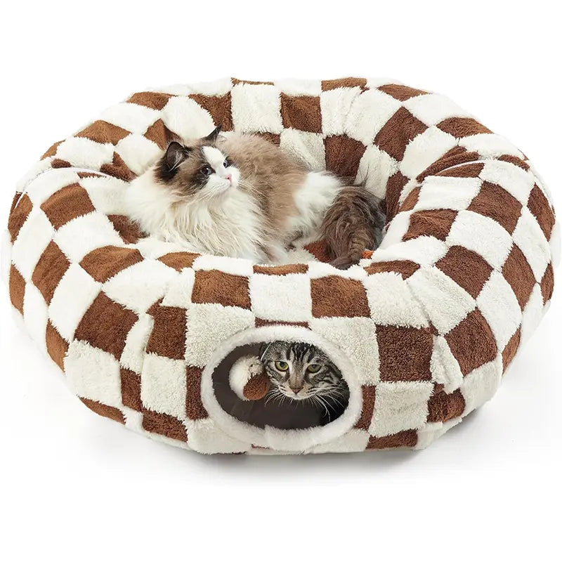 Plaid 2-In-1 Tunnel Bed for Cats - Detachable Donut Design, Hidden Play Space, Washable Circle Cushion, Studded Grip Base, Interactive Toy Balls, High-Quality Materials, Cozy Retreat for Indoor Kittens/Cats up to 15 Lbs