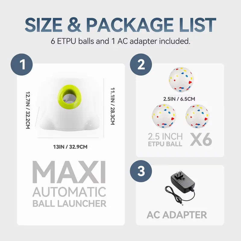 Allforpaws Maxi Rechargeable Battery Dog Ball Launcher - Automatic Interactive Training & Mental Stimulation Companion Toy, Outdoor Backyard Fun, 2.5-In ETPU Balls (6 Pack), Adjustable 3-Distance Throw Settings, 6.3 Lbs Pet Supply