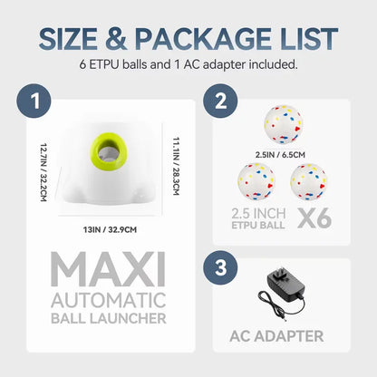 Allforpaws Maxi Rechargeable Battery Dog Ball Launcher - Automatic Interactive Training & Mental Stimulation Companion Toy, Outdoor Backyard Fun, 2.5-In ETPU Balls (6 Pack), Adjustable 3-Distance Throw Settings, 6.3 Lbs Pet Supply