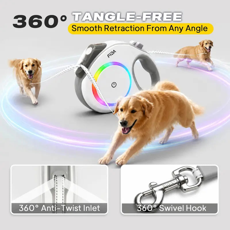 FIDA 16FT LED Retractable Dog Leash with Rechargeable Headlight, Reflective Tape, Multi-Color Side Lights & One-Hand Brake Lock for Medium and Large Dogs, Night Walking Safety