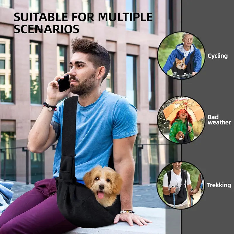 Hands-Free Purse-Style Dog & Cat Carrier Sling - Reversible, with Storage Pocket, Travel Safety Harness, Pet Travel Accessory (Black)