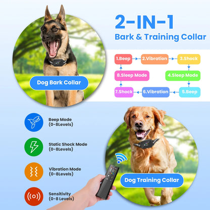 1Pc 2 in 1 Dog Shock and Bark Collar Dog Training Collar with Remote Rechargeable IP68 Waterproof with 3 Channels for Medium and Small Dogs