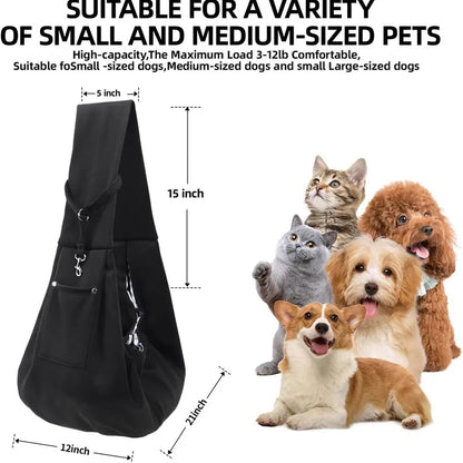 Hands-Free Purse-Style Dog & Cat Carrier Sling - Reversible, with Storage Pocket, Travel Safety Harness, Pet Travel Accessory (Black)