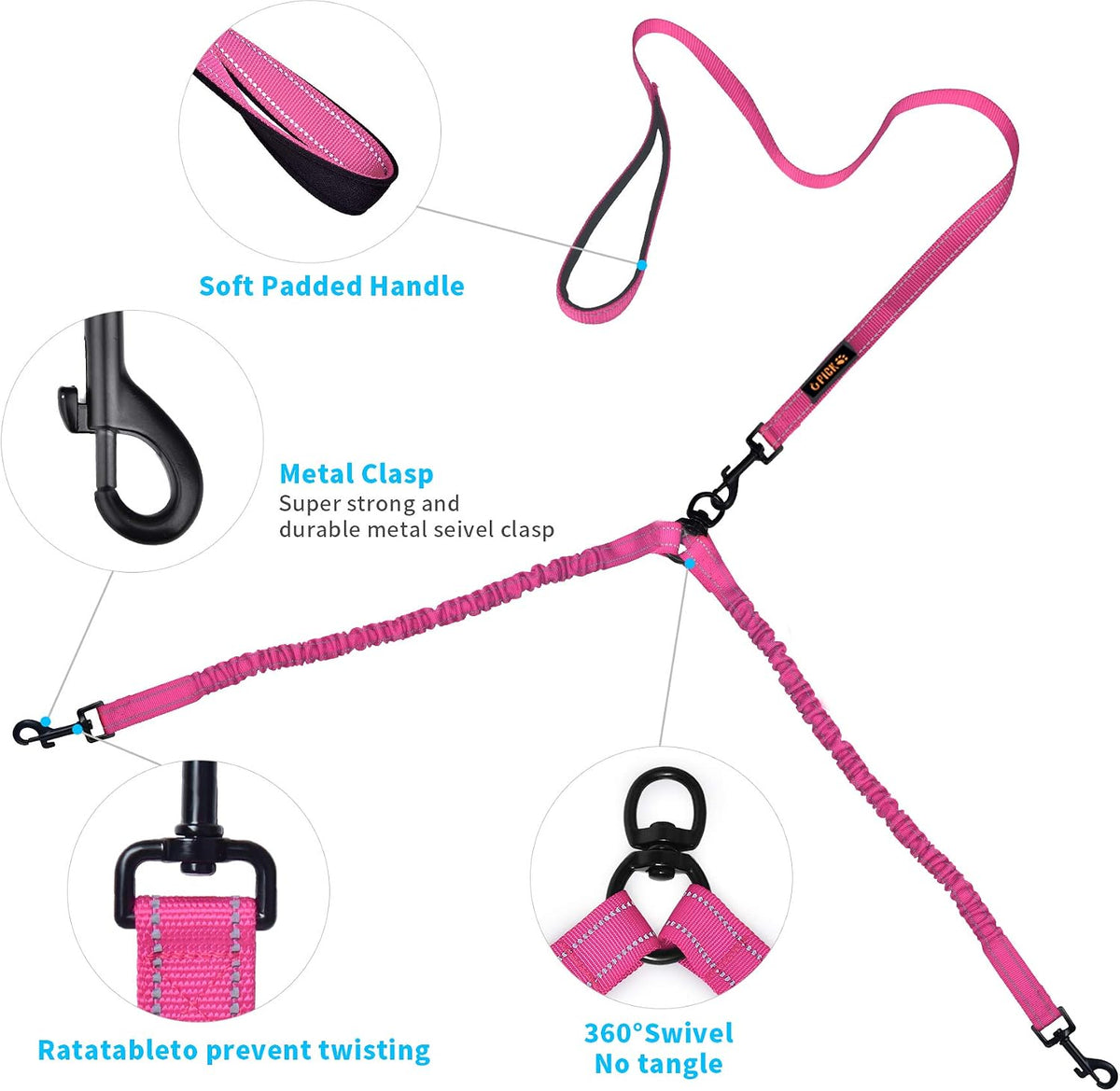 Dual Dog Leash,Double Dog Leash,Shock Absorbing Reflective Bungee for Two Dogs,Medium (6-35 Lbs)| Large (25-150 Lbs),360 Swivel No Tangle Walking Leash with Waste Bag Dispenser& Clicker