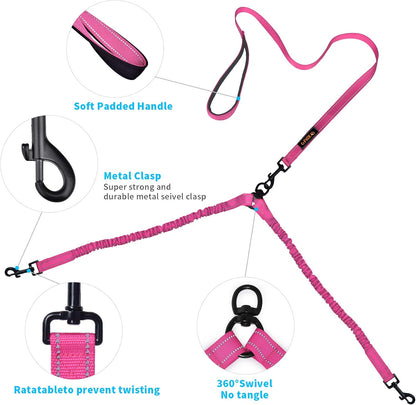 Dual Dog Leash,Double Dog Leash,Shock Absorbing Reflective Bungee for Two Dogs,Medium (6-35 Lbs)| Large (25-150 Lbs),360 Swivel No Tangle Walking Leash with Waste Bag Dispenser& Clicker