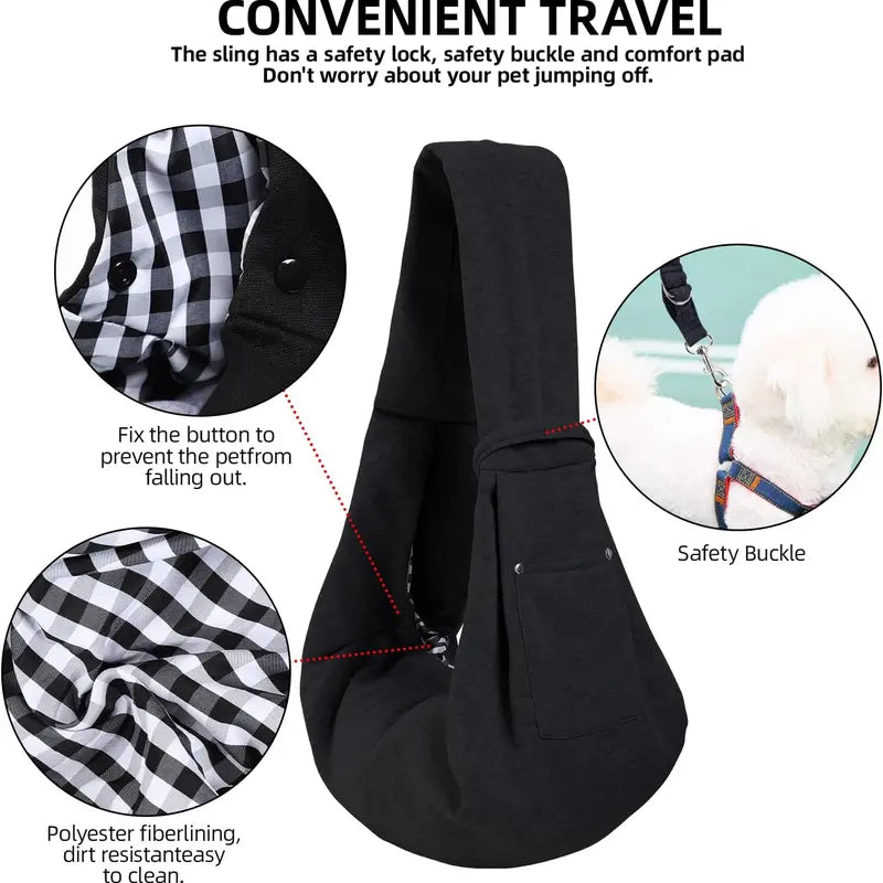 Hands-Free Purse-Style Dog & Cat Carrier Sling - Reversible, with Storage Pocket, Travel Safety Harness, Pet Travel Accessory (Black)