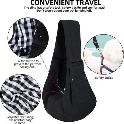 Hands-Free Purse-Style Dog & Cat Carrier Sling - Reversible, with Storage Pocket, Travel Safety Harness, Pet Travel Accessory (Black)