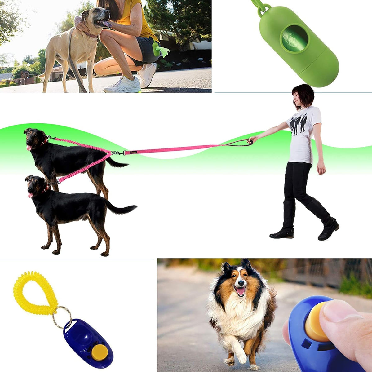 Dual Dog Leash,Double Dog Leash,Shock Absorbing Reflective Bungee for Two Dogs,Medium (6-35 Lbs)| Large (25-150 Lbs),360 Swivel No Tangle Walking Leash with Waste Bag Dispenser& Clicker