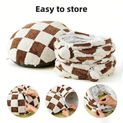 Plaid 2-In-1 Tunnel Bed for Cats - Detachable Donut Design, Hidden Play Space, Washable Circle Cushion, Studded Grip Base, Interactive Toy Balls, High-Quality Materials, Cozy Retreat for Indoor Kittens/Cats up to 15 Lbs