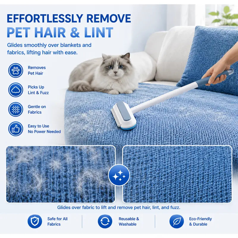 4-In-1 Pet Fur Removal Multi-Cleaner, Eco-Friendly Washable Reusable Lint Brush with Extra Long Adjustable Handle, Cost-Effective Comfortable Grip Tool for Sofa, Car Seats