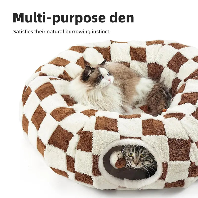 Plaid 2-In-1 Tunnel Bed for Cats - Detachable Donut Design, Hidden Play Space, Washable Circle Cushion, Studded Grip Base, Interactive Toy Balls, High-Quality Materials, Cozy Retreat for Indoor Kittens/Cats up to 15 Lbs
