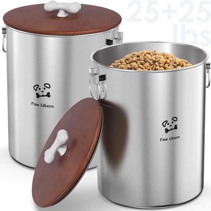 2PK 24-25 Lbs total 50 lbs Stainless Steel Airtight Dog Food Containers with Wood Lids